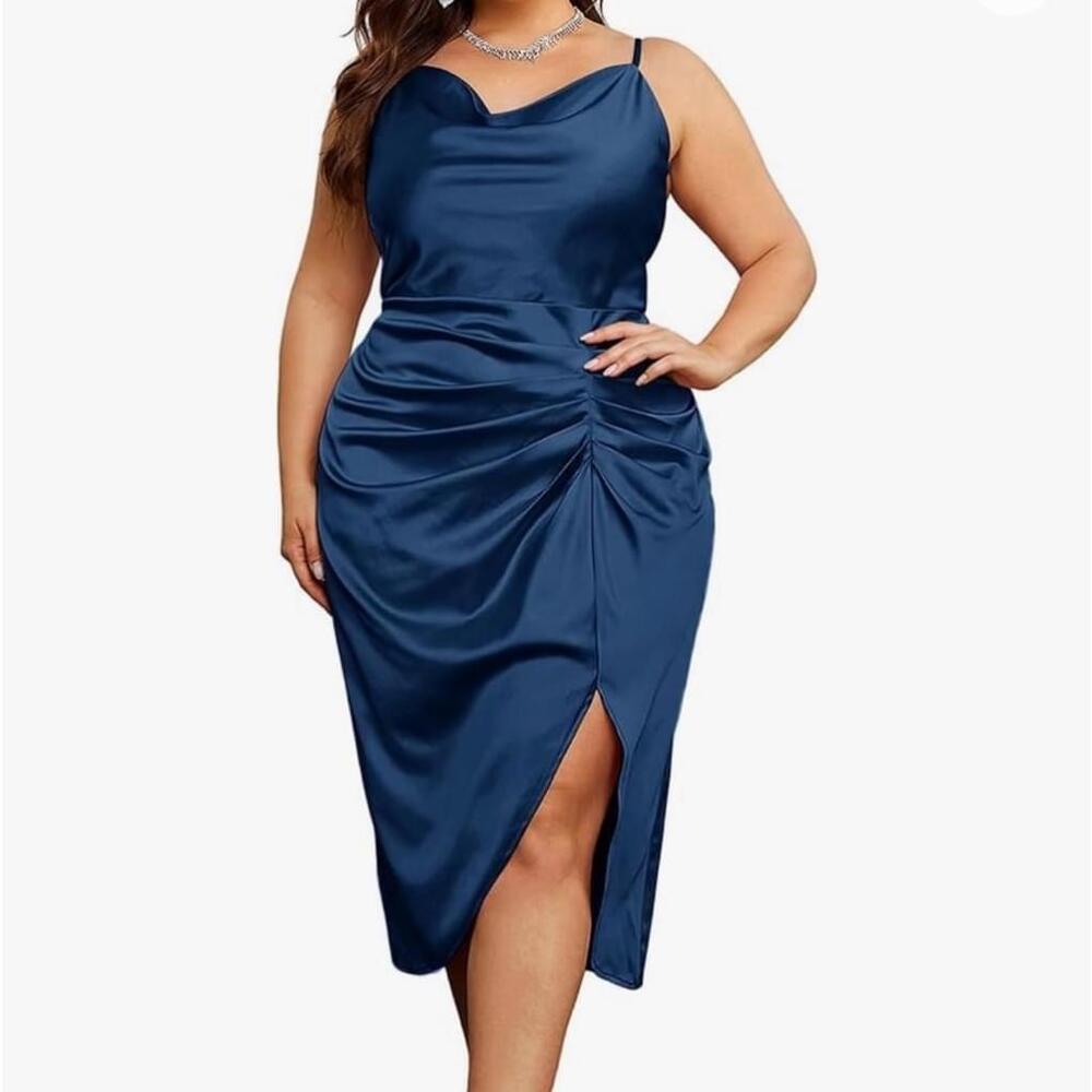Women's KimCurvy Plus Size Maxi Satin Cowl Neck Ruched Dress NWT size 20W